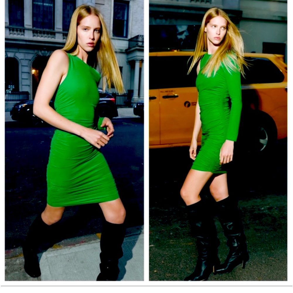 Zara one shoulder ruched green dress